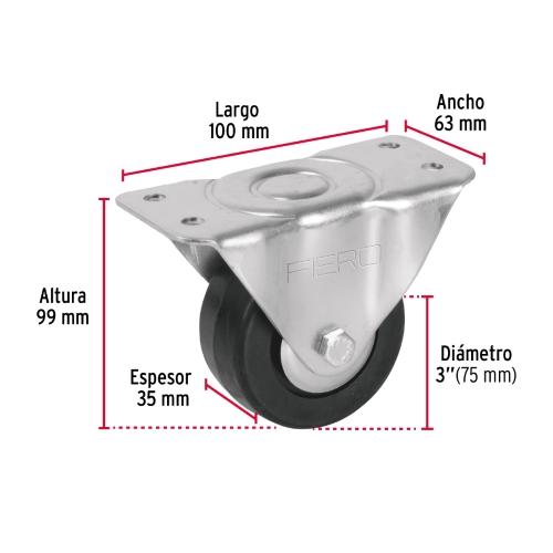 RODAJA HULE 3 Plg. PLACA FIJA CON BALERO CARGA 60 KG FIERO