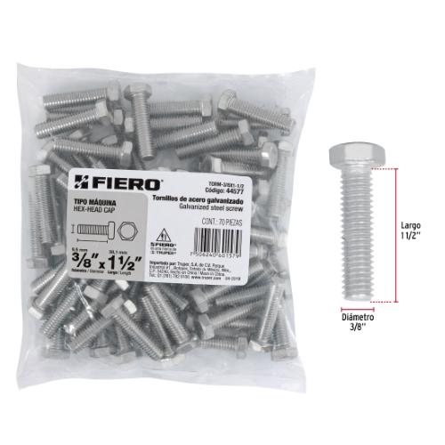 BOLSA CON 70 TORNILLOS 3/8 Plg. X 1-1/2 Plg. TIPO MAQUINA FIERO