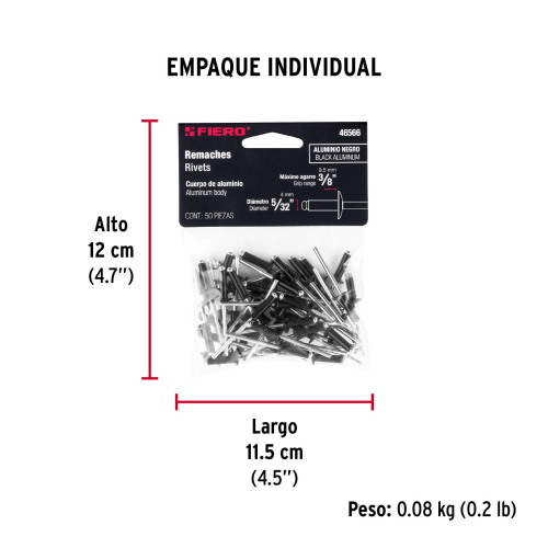 BOLSA CON 50 REMACHES 5/32 Plg. X3/8 Plg. NEGROS DE ALUMINIO ALA 5/16 Plg.