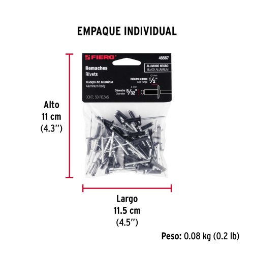 BOLSA CON 50 REMACHES 5/32 Plg. X1/2 Plg. NEGROS DE ALUMINIO ALA 5/16 Plg.