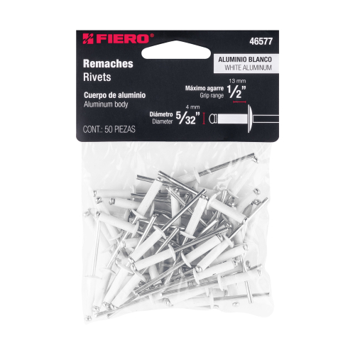 BOLSA CON 50 REMACHES 5/32 Plg. X1/2 Plg. BLANCOS ALUMINIO ALA 5/16 Plg.