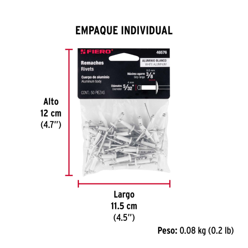 BOLSA CON 50 REMACHES 5/32 Plg. X3/8 Plg. BLANCOS ALUMINIO ALA 5/16 Plg.