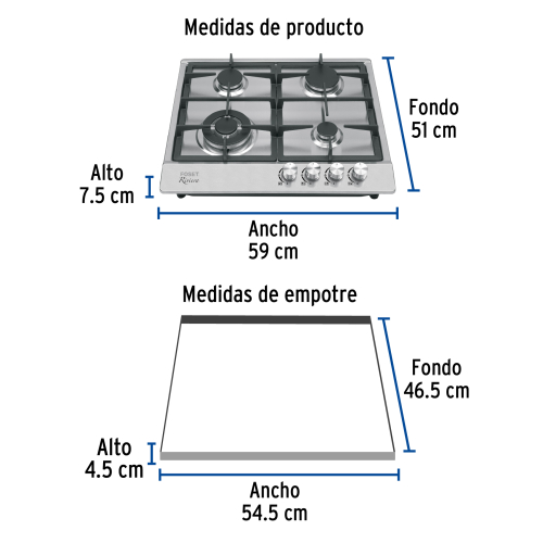 PARRILLA GAS EMPOTRABLE 60CM 4 QUEMADORES ACERO INOXIDABLE RIVIERA