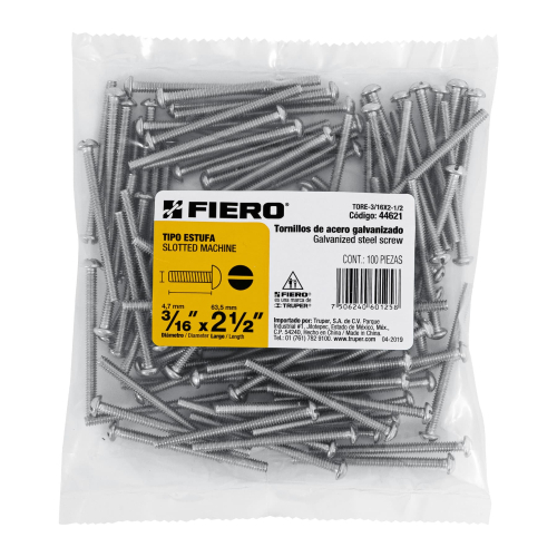 BOLSA CON 100 TORNILLOS 3/16 Plg. X 2-1/2 Plg. TIPO ESTUFA FIERO