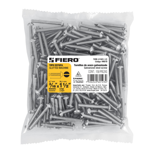 BOLSA CON 150 TORNILLOS 3/16 Plg. X 1-1/2 Plg. TIPO ESTUFA FIERO
