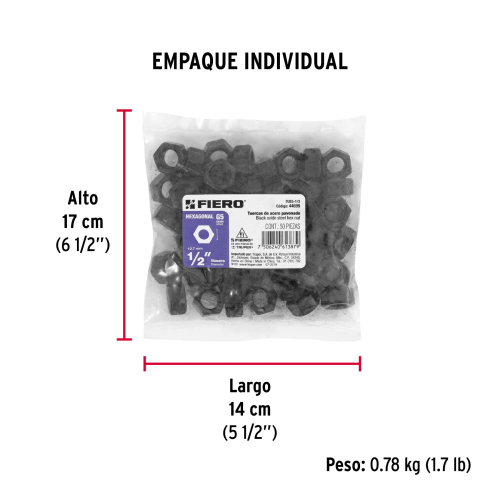 BOLSA CON 50 TUERCAS 1/2 Plg. HEXAGONALES PAVONADAS GRADO 5