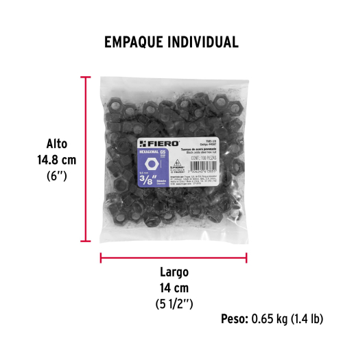 BOLSA CON 100 TUERCAS 3/8 Plg. HEXAGONALES PAVONADAS GRADO 5