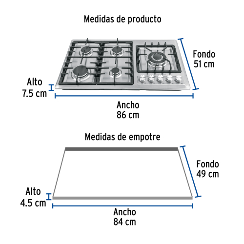 PARRILLA GAS EMPOTRABLE 90CM 5 QUEMADORES LATERAL INOXIDABLE RIVIERA