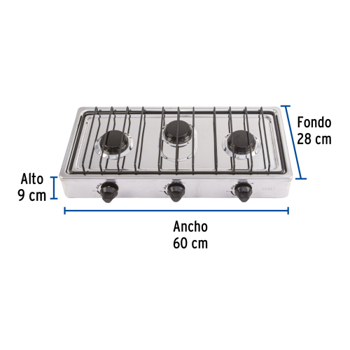 PARRILLA DE GAS DE SOBREPONER 3 QUEMADORES INOXIDABLE FOSET