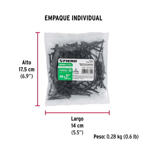 BOLSA 100 PIJAS Num.8 X 2 Plg. CABEZA PLANA PHILLIPS MULTIUSOS CUERDA FINA