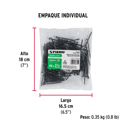 BOLSA 100 PIJAS Num.8X2-1/2 Plg. CABEZA PLANA PHILLIPS MULTIUSOS CUERDA FINA