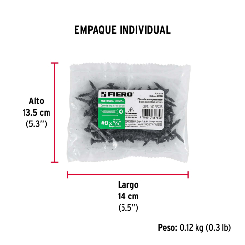BOLSA 100 PIJAS Num.8X3/4 Plg. CABEZA PLANA PHILLIPS MULTIUSOS CUERDA FINA