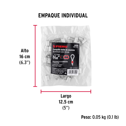 BOLSA CON 50 CASQUILLOS DOBLES DE ALUMINIO 3/32 Plg. FIERO