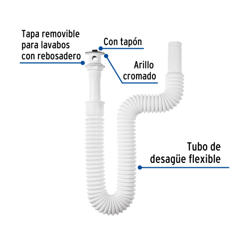 CESPOL FLEXIBLE DE PP CON CONTRA PARA LAVABO CON ARILLO 90 CM