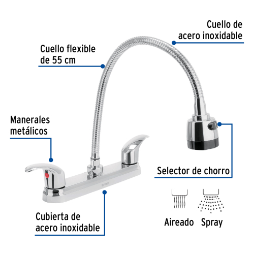 MEZCLADORA FREGADERO 8 Plg. CROMO CUELLO FLEXIBLE PALANCA AQUA