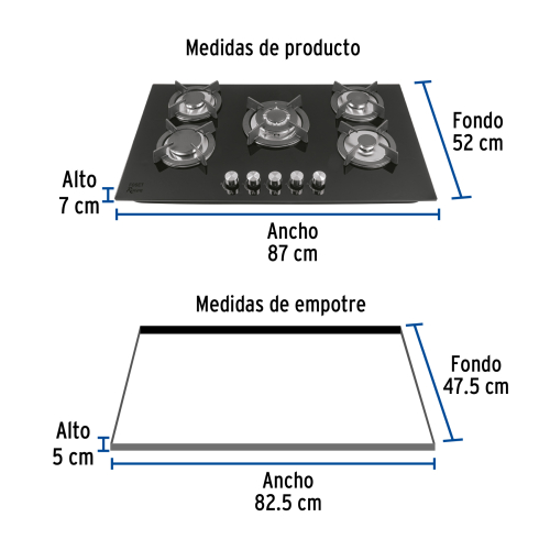 PARRILLA GAS EMPOTRABLE 90CM 5 QUEMADORES VIDRIO NEGRO RIVIERA