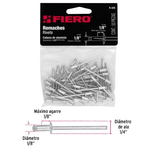 BOLSA CON 50 REMACHES 1/8 Plg. X 1/8 Plg. DE ALUMINIO ALA 1/4 Plg.
