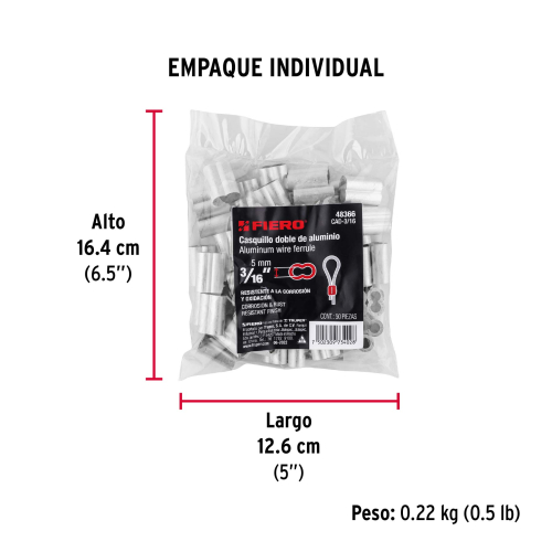 BOLSA CON 50 CASQUILLOS DOBLES DE ALUMINIO 3/16 Plg. FIERO