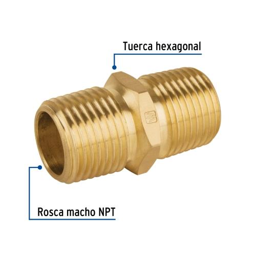 NIPLE UNION NPT DE LATON 1/2 Plg. CON TUERCA HEXAGONAL FOSET